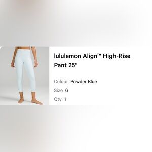 NWT Lululemon Align High Rise Pant 25 Size 6 Powder Blue